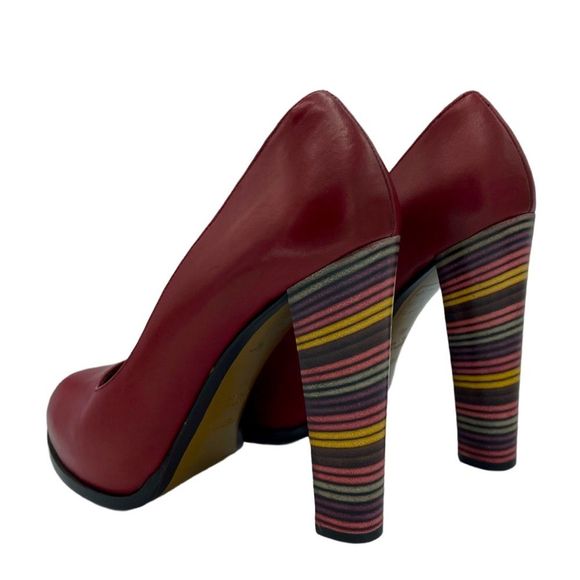 NWOT FENDI Oxblood Leather Pumps w Striped Stack Heel - Picture 2 of 16
